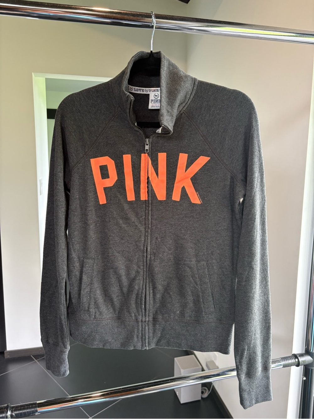 PINK Zip-Up Jacket in Charcoal with Orange Logo